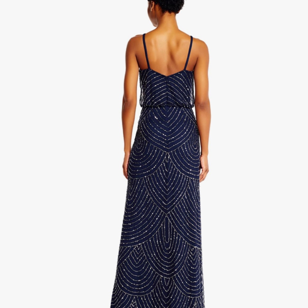 Adrianna Papell Art Deco Beaded Blouson Navy Full Length Formal Gown - Picture 5 of 14